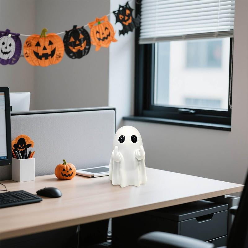 Halloween Ghost Figurine – Spooky Resin Middle Finger Ghost Decor | Cute & Edgy Indoor/Outdoor Halloween Decor for Porch & Home (1 Pc)